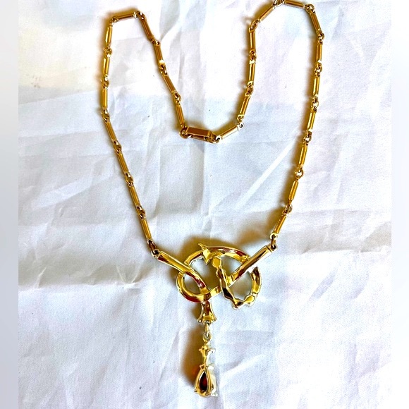 Vintage Twisted Knot Art Nouveau Style Gold Tone Choker Necklace Red Pear Stone - Picture 6 of 7